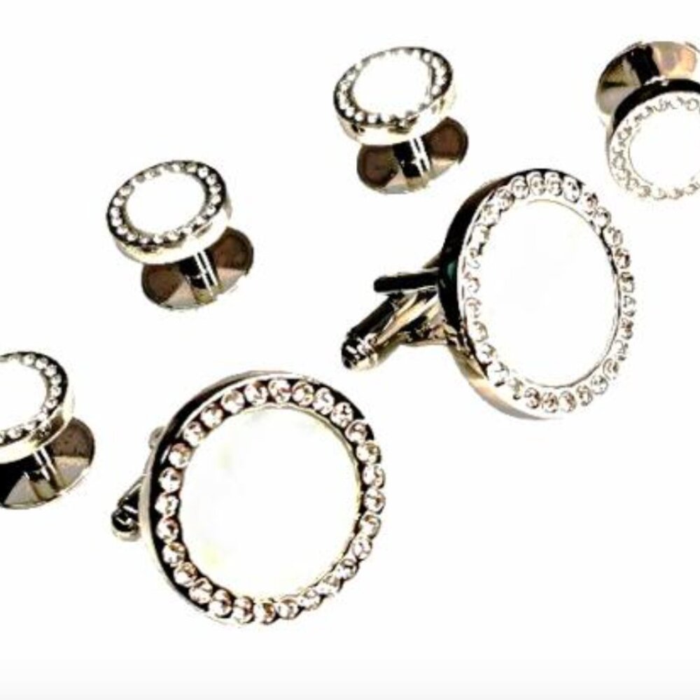 Genuine Mother Of Pearl Center/ Pavé CZ Bezel Cufflinks and Studs
